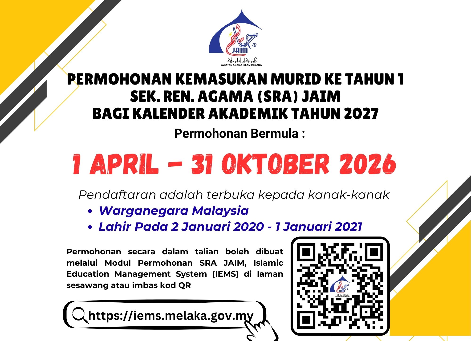 PERMOHONAN KE TAHUN 1 SRA JAIM TAHUN 2027